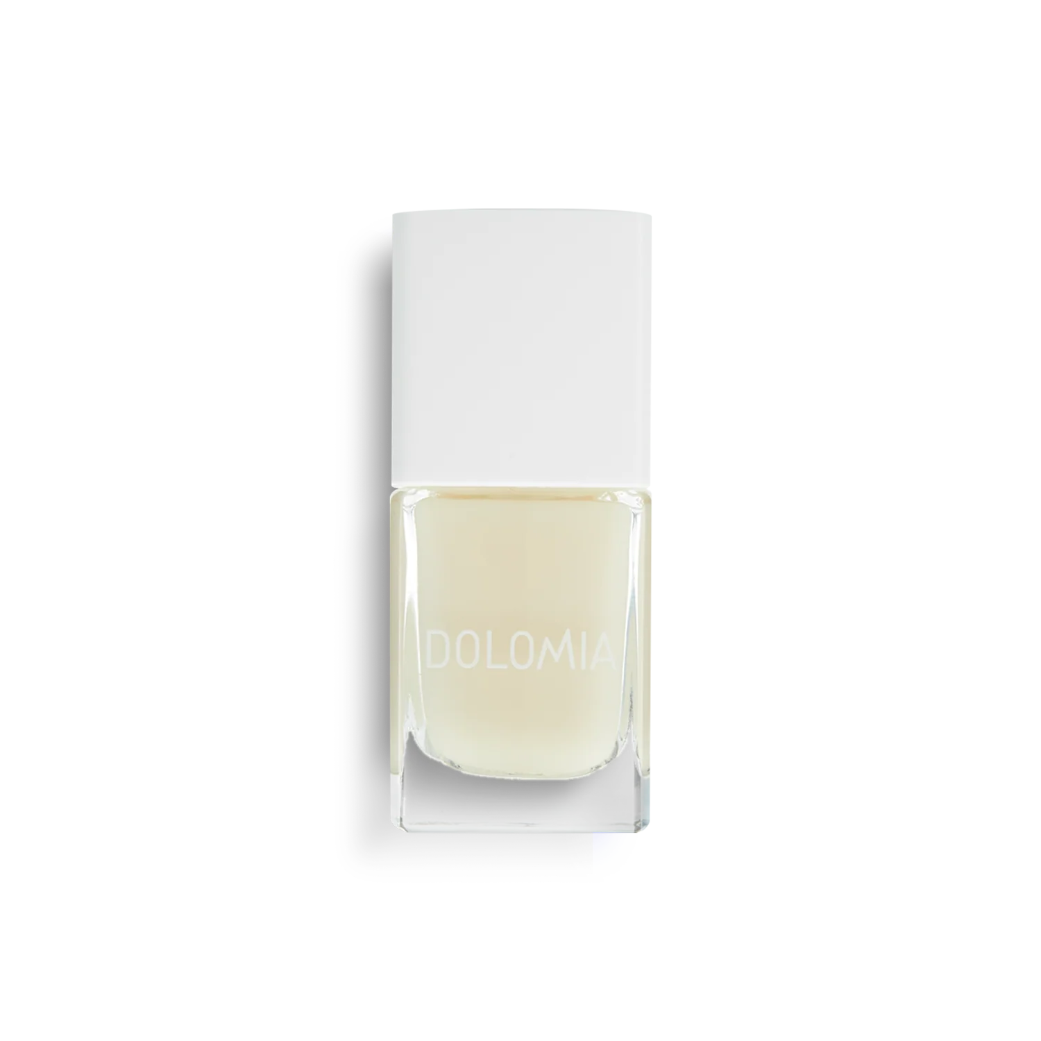 Eine klare Glasflasche von Stärkende Nagellackbasis mit einer weißen rechteckigen Kappe steht vor einem schlichten weißen Hintergrund - perfekt für die Pflege von brüchigen Nägeln.