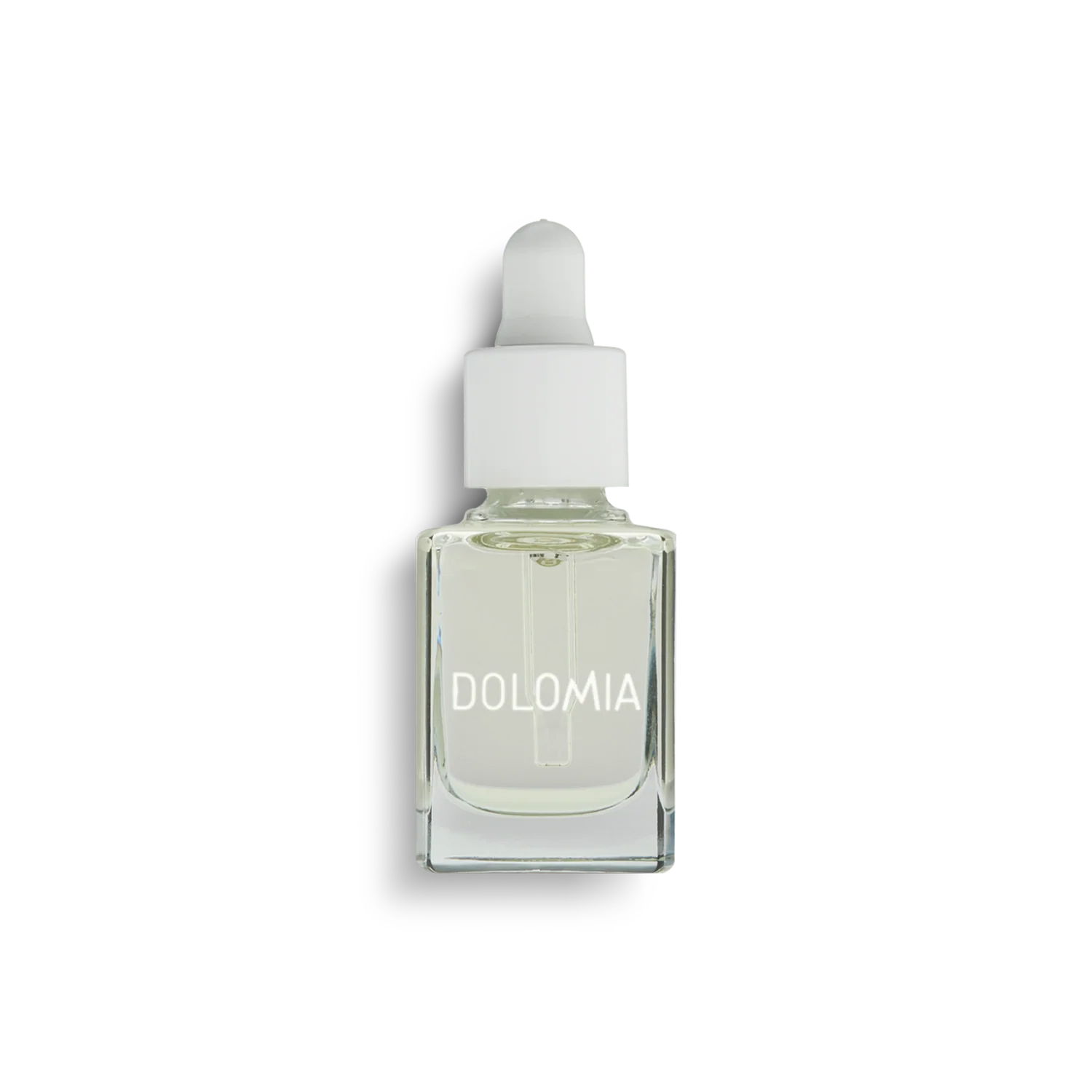Tropfflasche aus Klarglas mit weißem Verschluss, gefüllt mit hellgelbem Natürlichem Pflegeöl. Auf dem Etikett steht DOLOMIA in Weiß. Das Produkt ist ideal für die Pflege der Nagelhaut und steht auf einem schlichten weißen Hintergrund.