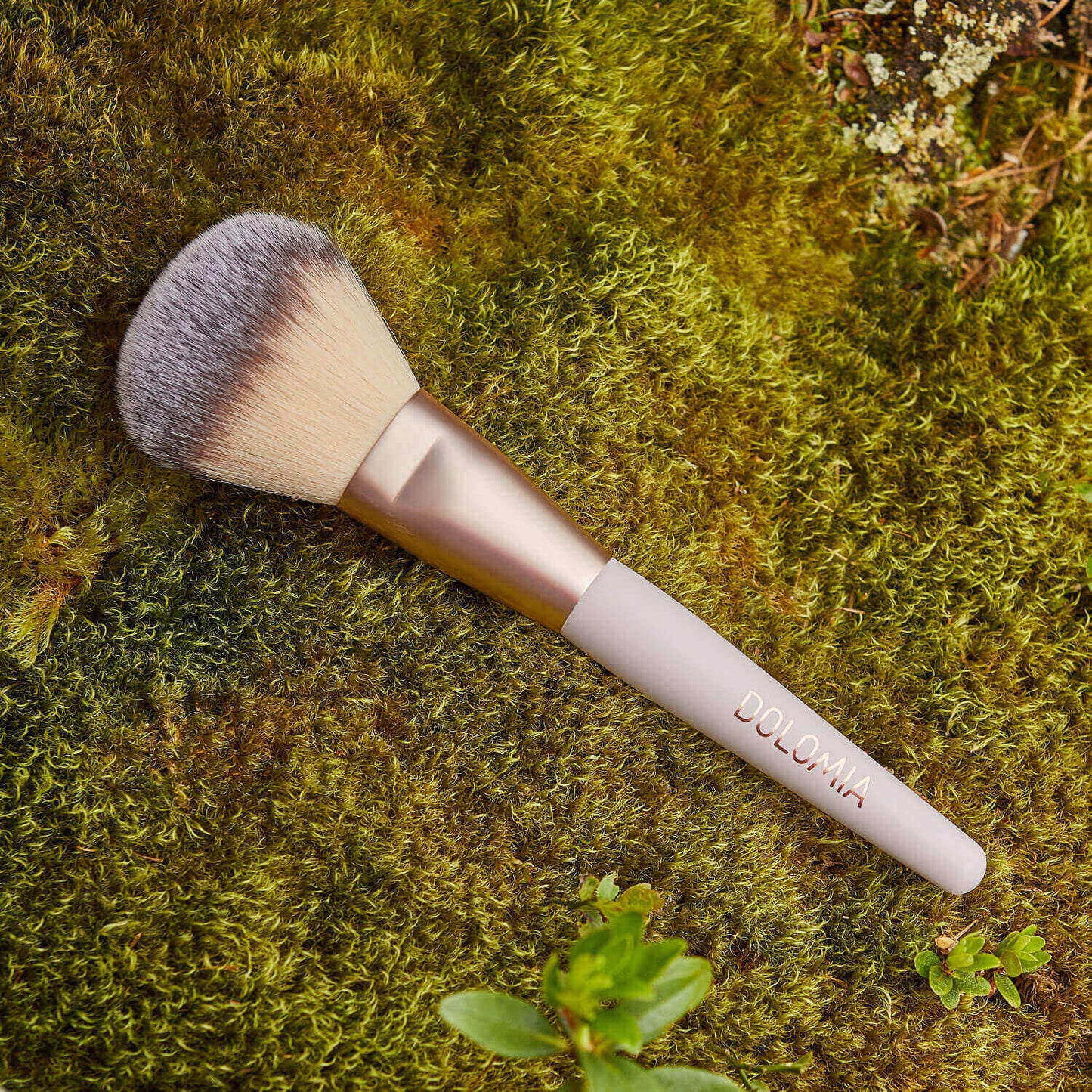 Der Rougepinsel mit synthetischen Pinselhaaren und weiß-goldenem DOLOMIA-Griff liegt auf grünem Moos, umgeben von kleinen Pflanzen.