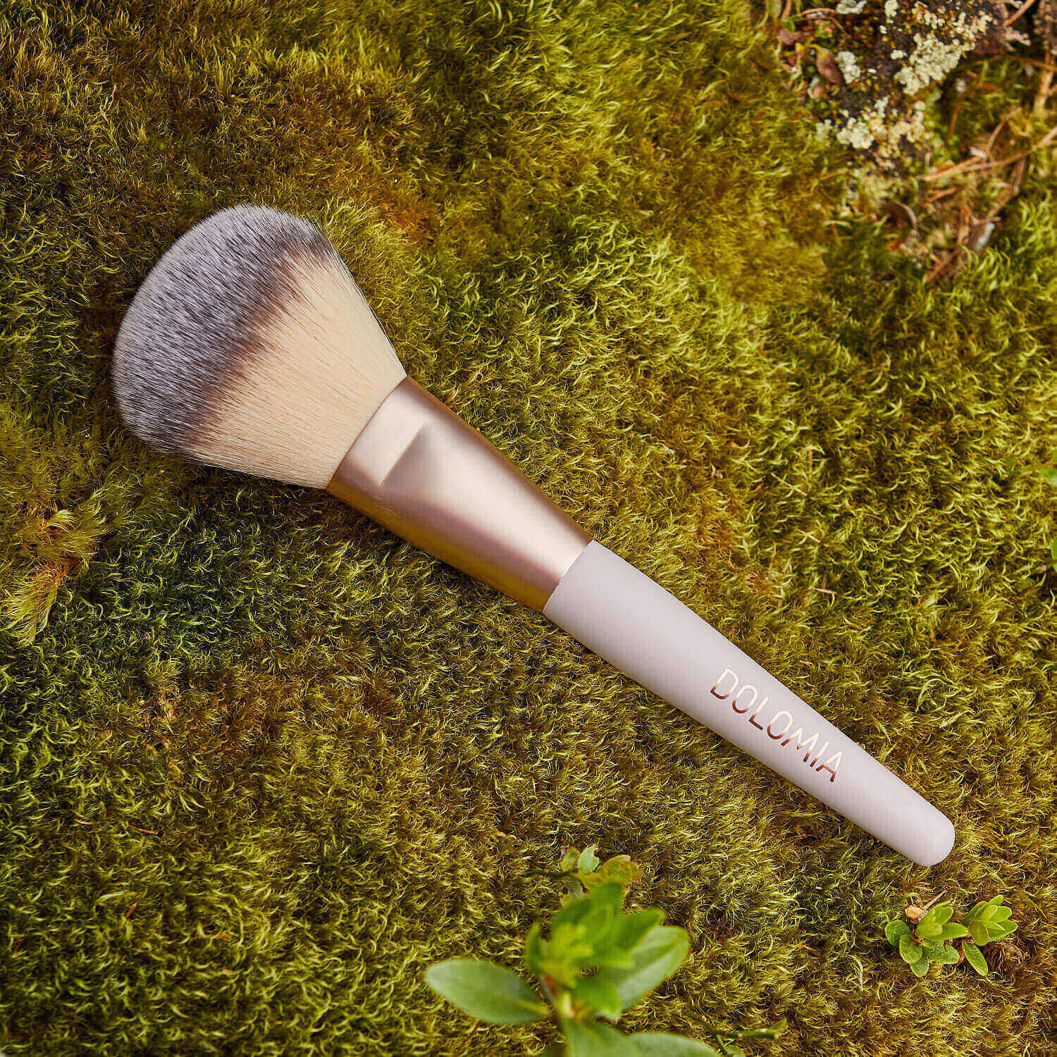 Der Rougepinsel mit synthetischen Pinselhaaren und weiß-goldenem DOLOMIA-Griff liegt auf grünem Moos, umgeben von kleinen Pflanzen.