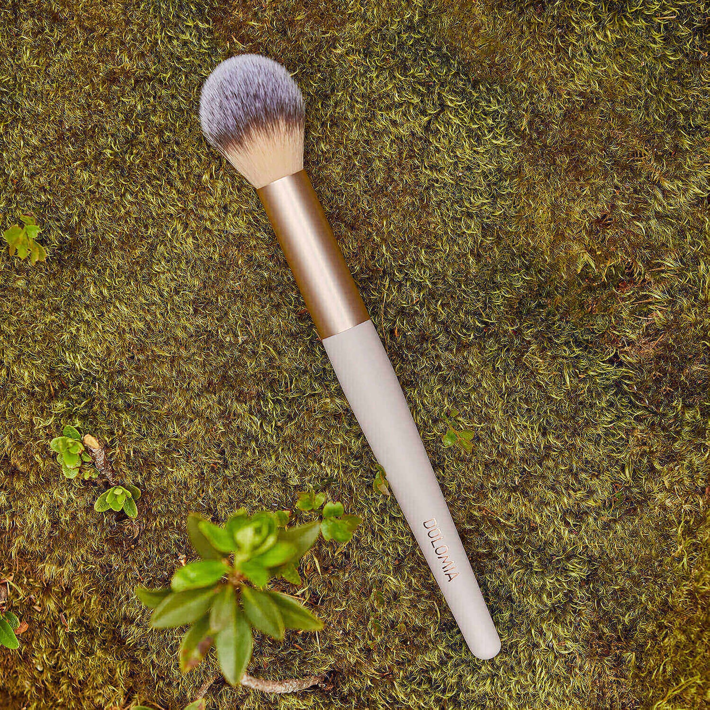 Der Rougepinsel mit synthetischen Borsten und leichtem Griff mit Goldzwinge ruht auf grünem Moos - perfekt, um zwischen kleinen Pflanzen die Gesichtskonturen zu betonen.