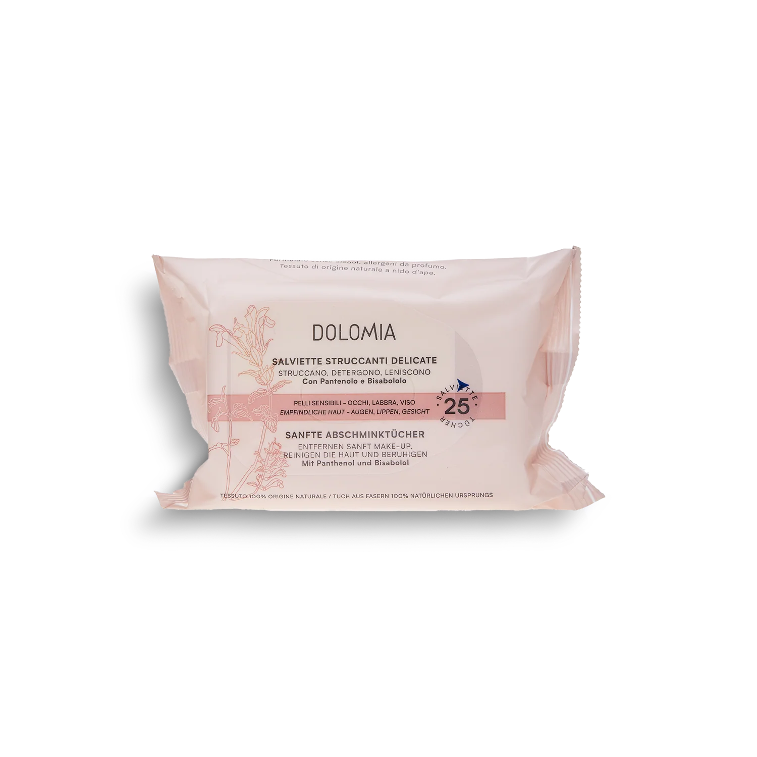 Eine rosafarbene Packung Sanfte Abschminktücher Augen-Lippen-Gesicht ist auf weißem Hintergrund abgebildet, verziert mit Blumenmustern und Produktangaben auf Italienisch und Deutsch.
