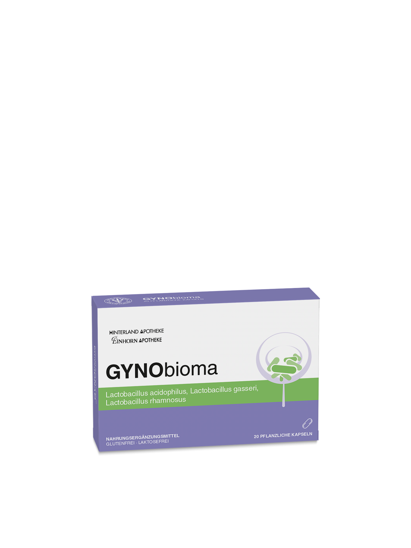 Eine Schachtel GYNObioma zeigt eine weiße, lila und grüne Verpackung mit "pflanzlichen Kapseln" und einer Auflistung von Laktobazillen-Stämmen wie Lactobacillus acidophilus, gasseri und rhamnosus.