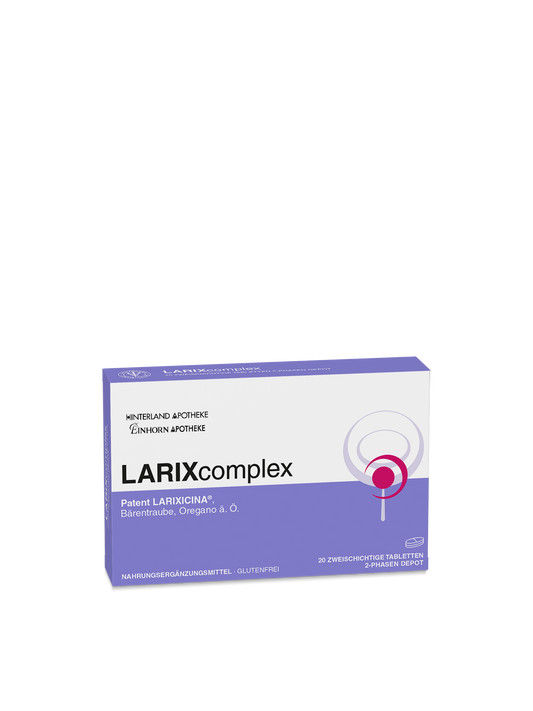 Eine Schachtel mit LARIXcomplex in weißem und lila Design mit deutschem Text und einer kreisförmigen Grafik auf der rechten Seite. Enthält 20 glutenfreie Kautabletten mit Lärche Larixicina und Oreganoöl als Inhaltsstoffe.