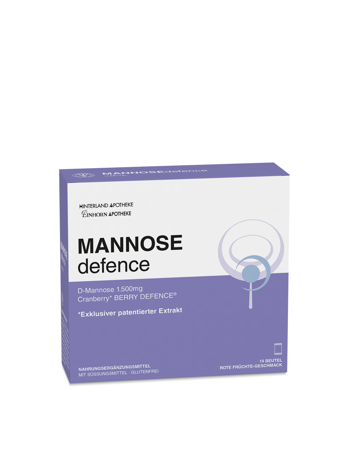 Eine weiß-lila Schachtel mit der Aufschrift MANNOSEdefence (deutsche Angaben), die 16 Beutel Cranberry-Defense-Ergänzungsmittel mit 1500 mg D-Mannose plus Vitamin C enthält und als glutenfrei und zuckerfrei beschrieben wird.