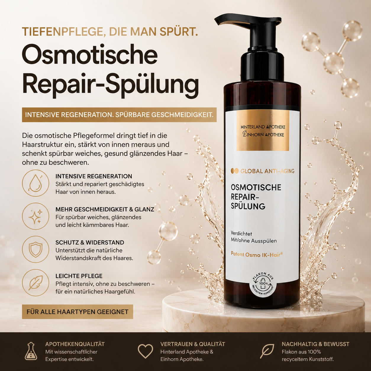 Eine Flasche „Osmotische Repair-Spülung“ steht auf einer Holzunterlage, umgeben von deutschen Texten, die die Anti-Aging-Wirkung der Haarpflege, die wichtigsten Inhaltsstoffe und die Eignung für alle Haartypen hervorheben. Der sanft beleuchtete Hintergrund verleiht dem Ganzen eine elegante Note.
