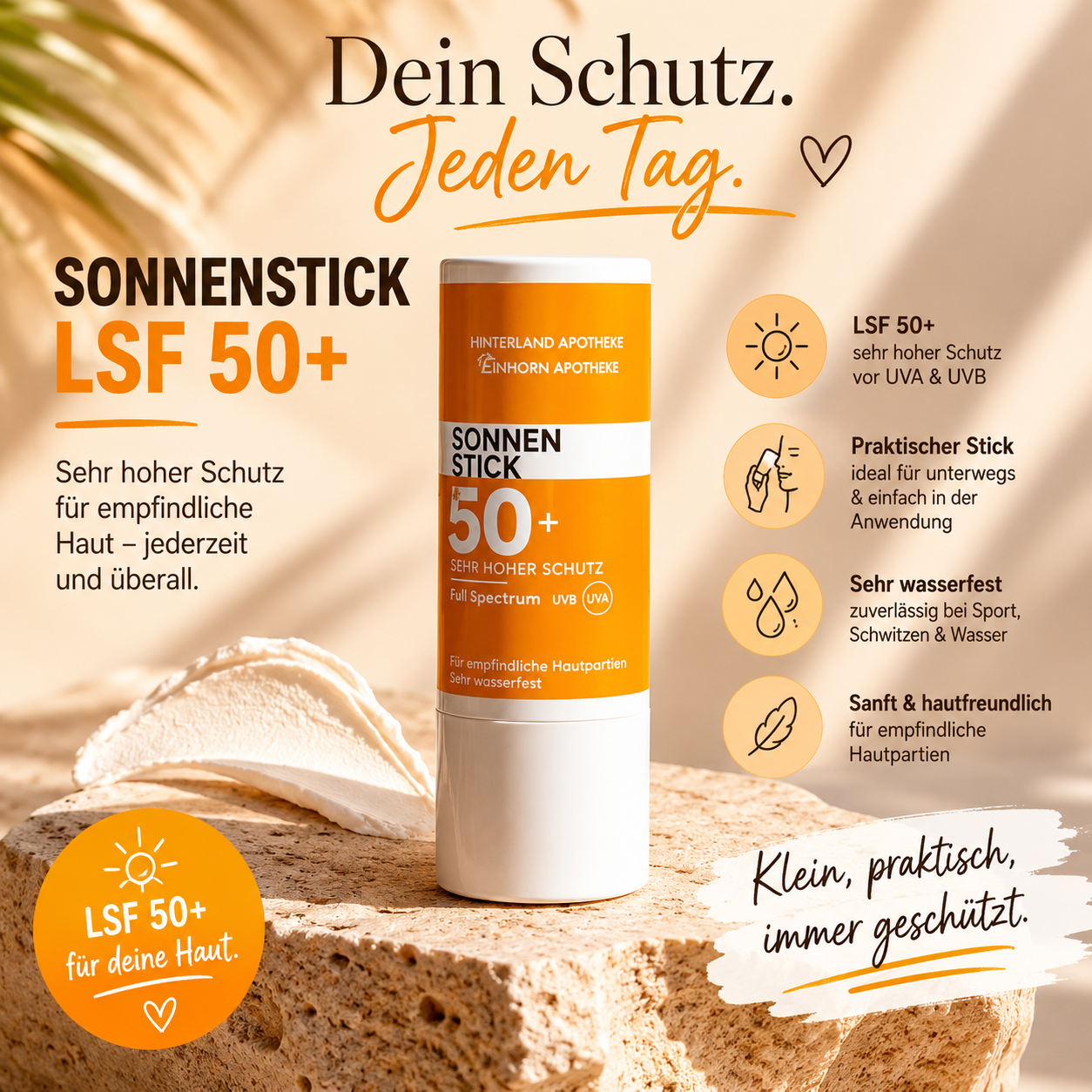 Der Sonnenschutzstift LSF 50+ steht auf beigem Hintergrund, daneben ein cremefarbener Streifen. Die wasserfeste Formel schützt empfindliche Haut vor UVA- und UVB-Strahlen und überzeugt durch ihre praktische Größe.