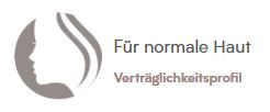 Neben dem deutschen Text Für normale Haut und Verträglichkeitsprofil erscheint eine Ikone eines weiblichen Seitenprofils mit Haaren in weicher Schrift in heiterem Dolomitblau, das die Eleganz der Natural Lidschattenpalette Notte Stellata widerspiegelt.