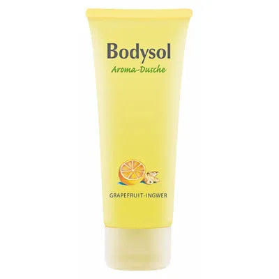 Die gelbe Tube Bodysol Aromadusche GRAPEFRUIT-INGWER ist mit Grapefruit und Ingwer bedruckt und auf der Vorderseite beschriftet - ein erfrischendes Duschgel mit ätherischen Ölen für die tägliche Hautpflege.