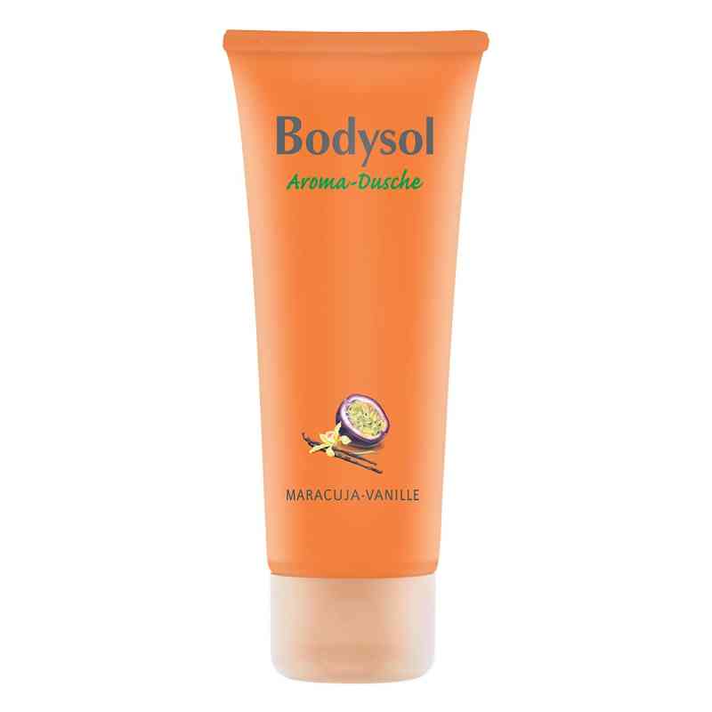 Eine orangefarbene Tube Bodysol Aromadusche MARACUJA-VANILLE Duschgel mit Panthenol, die auf der Vorderseite Bilder von Passionsfrucht und Vanille zeigt.