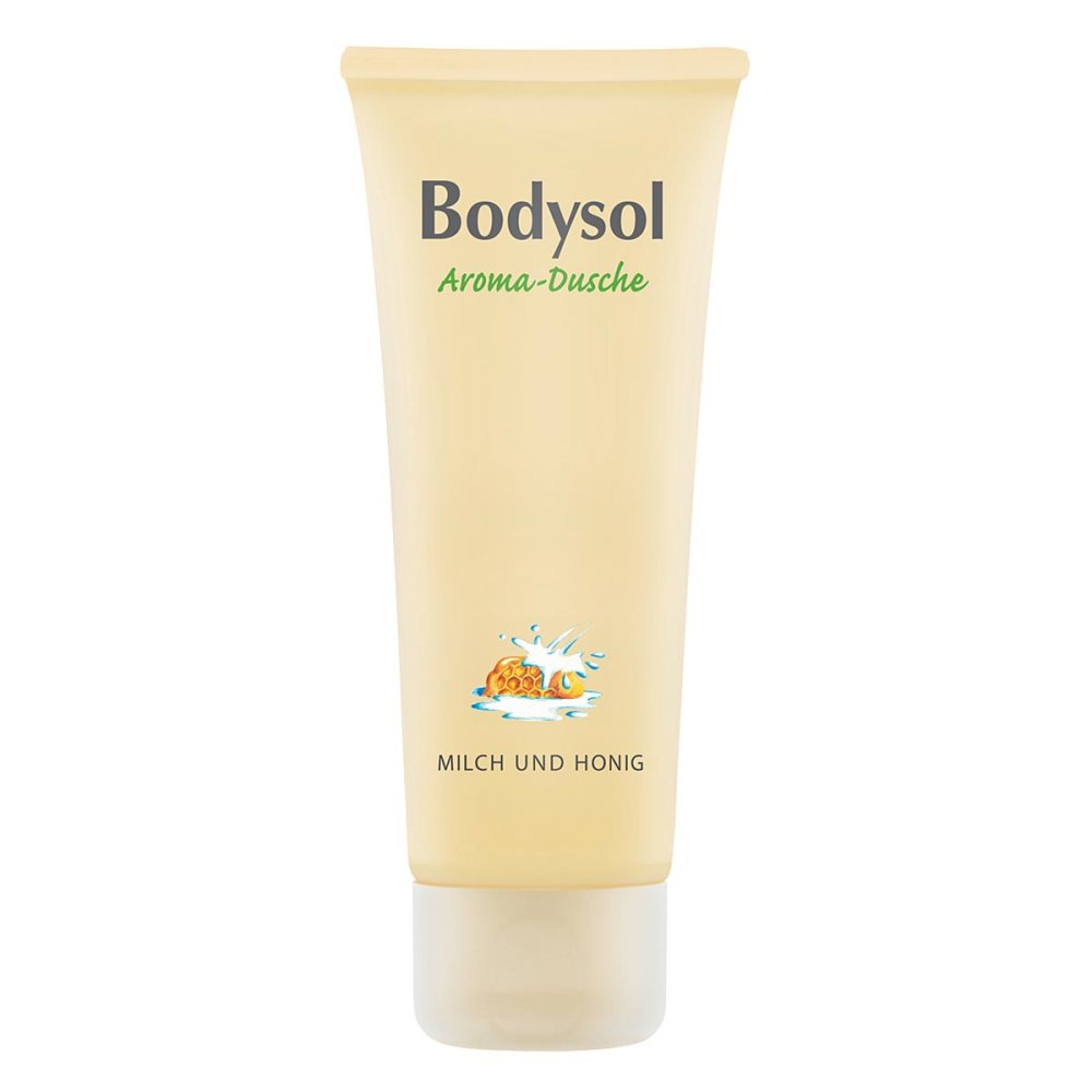 Die beigefarbene Tube des Duschgels Bodysol Aromadusche MILCH & HONIG mit Waben- und Milchspritzern auf der Vorderseite ist ideal für die sanfte Hautpflege.