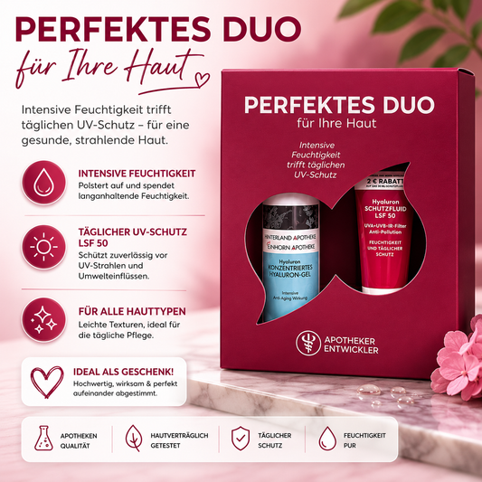 Ein Werbebild zeigt das Perfektes Duo - Konzentriertes Hyaluron-Gel + Hyaluron Schutzfluid LSF 50 in einer rosa-roten Schachtel mit Icons für UV-Schutz, Hydratation, Anti-Aging-Pflege und Geschenktauglichkeit.