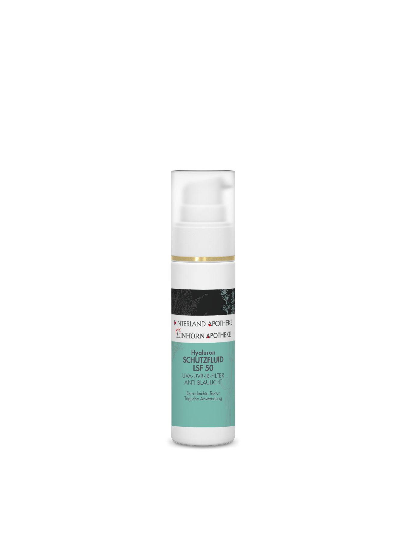 Eine weiße Flasche Hyaluron Schutzfluid LSF 50 mit türkisfarbenem Etikett und klarem Verschluss, die Anti-Aging-Vorteile bietet, isoliert auf einem schlichten weißen Hintergrund.