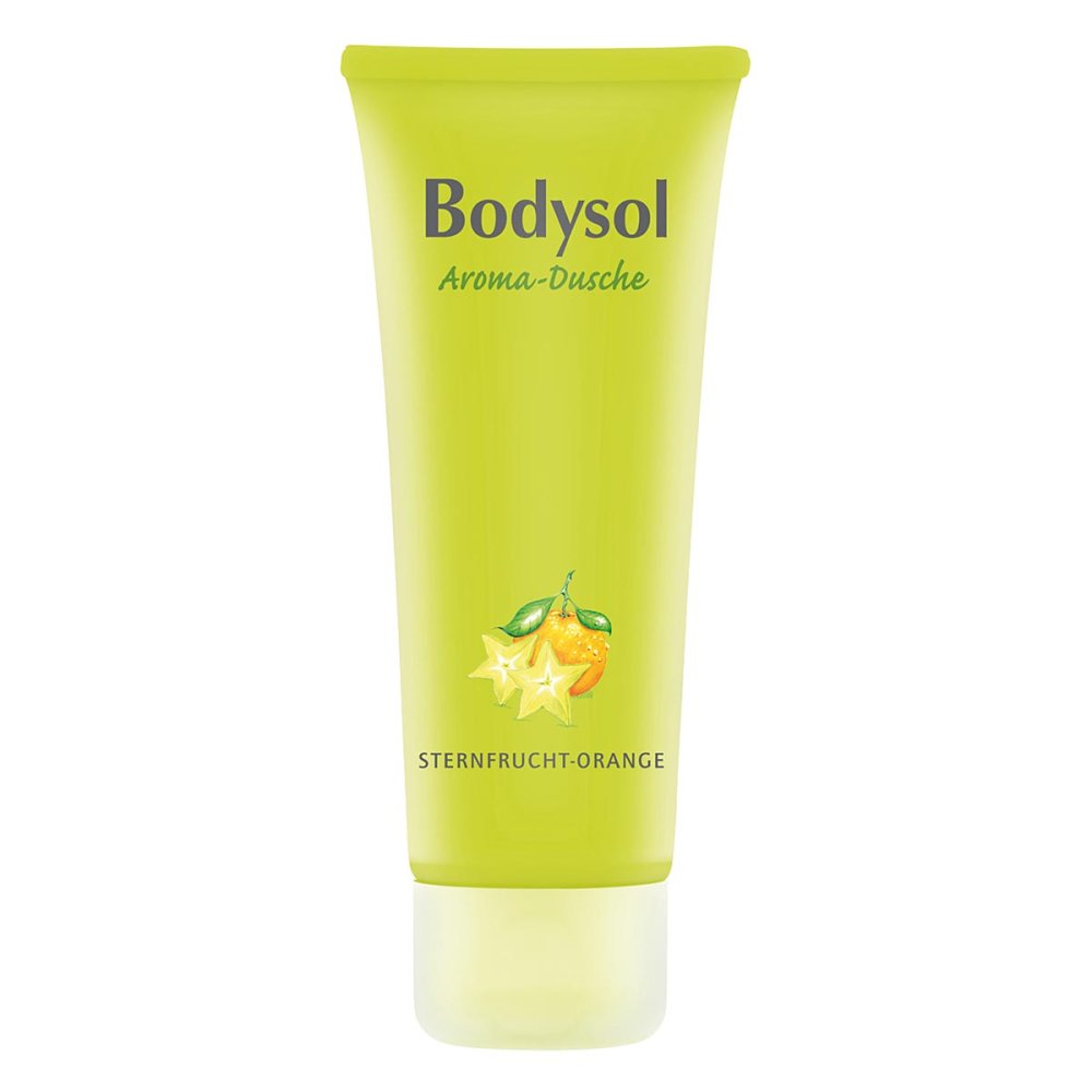 Eine grüne Tube Bodysol Aromadusche STERNFRUCHT-ORANGE mit Sternfrucht- und Orangenmotiven auf der Vorderseite.