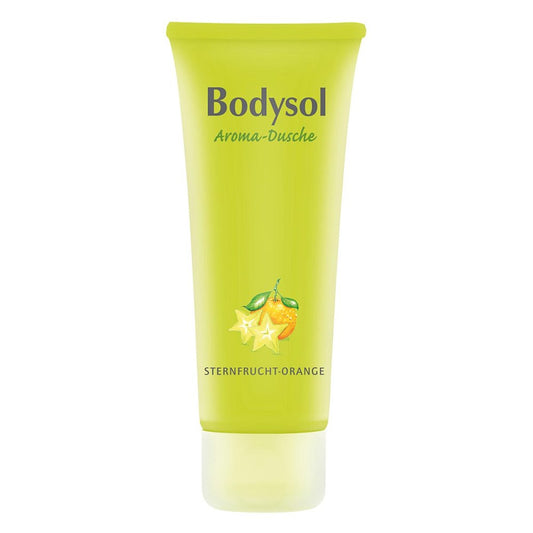 Eine grüne Tube Bodysol Aromadusche STERNFRUCHT-ORANGE mit Sternfrucht- und Orangenmotiven auf der Vorderseite.